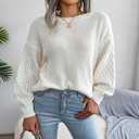 ZAFUL Women's Solid Knit Cable Sweater Casual Long Lantern Sleeve Pullover Crew Neck Knitted Tops (Medium, 3-white)