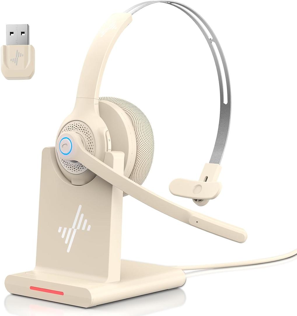 Bluetooth Headset - Wireless Headset with Noise Cancelling Microphone, V5.2 Computer Headphones with USB Dongle, Charging Base & Mic Mute for Work/Call Center/PC/Laptop/Online Class/Zoom (Apricot)