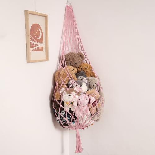 Amdermi Stuffed Animal Hammock Corner Hanging Net for Stuff Animal Storage Macrame Toy Display Plush Toy Holder-Perfect for Tiny Space Walls-Kid Bedroom Decor Nursery Playroom Organizer (Light Pink)