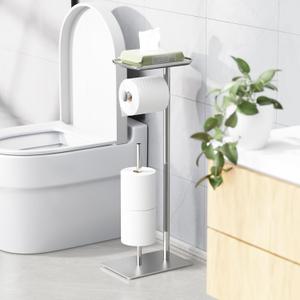Toilet Paper Holder Stand with Top Storage Shelf, Free Standing Toilet Roll Dispenser for Bathroom, Holds 4 Reserve Rolls (Silver)