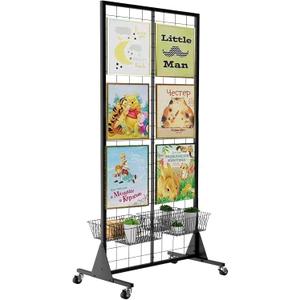 QKOSMTL Gridwall Panel Display Stand, 2'x5.5' Heavy Duty Floor Standing Rack with Detachable Girdwall, Movable Silent Wheel, Easy to Transport, Ideal for Retail & Craft Fairs