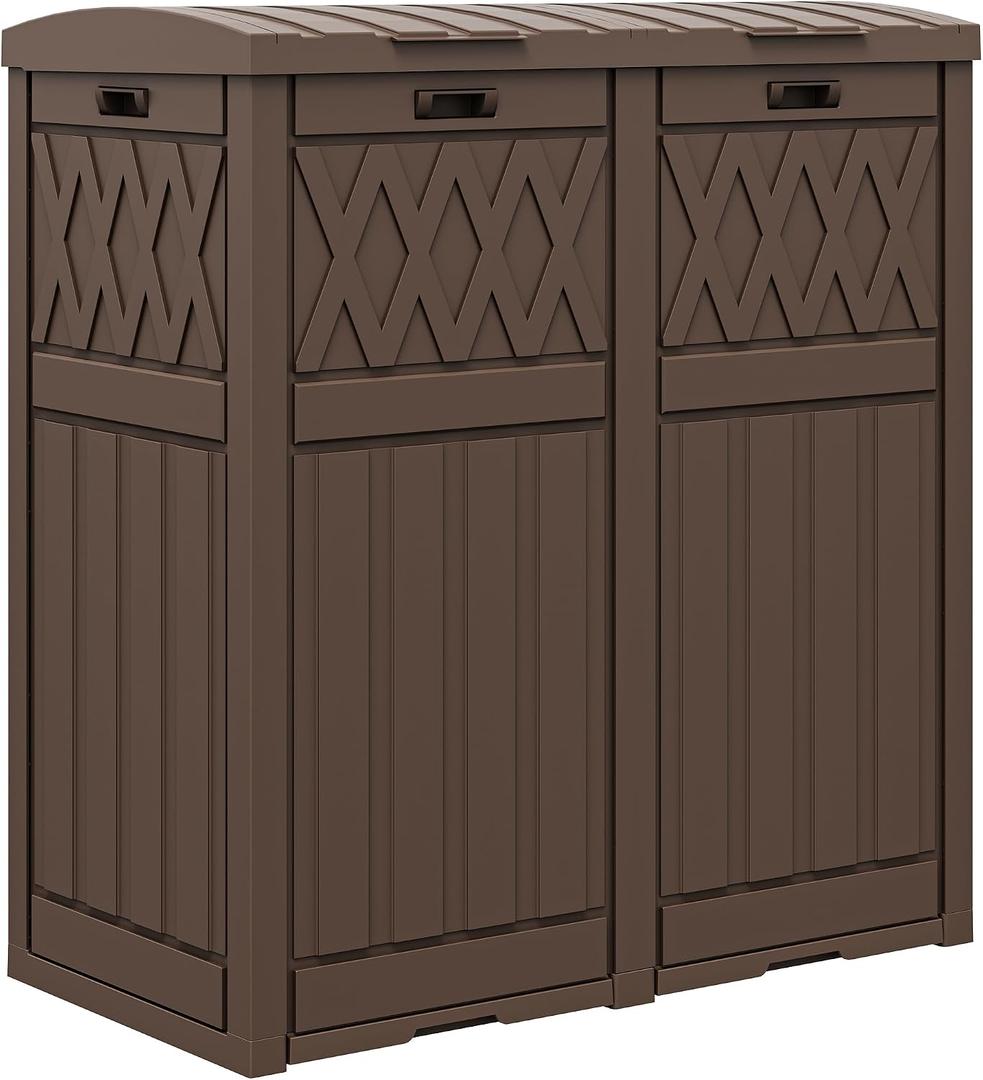 DWVO 76 Gallon Garbage Dual Can, Resin Outdoor Trash Can with Tiered Lid and Drip Tray, Waterproof Trash Bin for Patio, Kitchen, Backyard(Brown)
