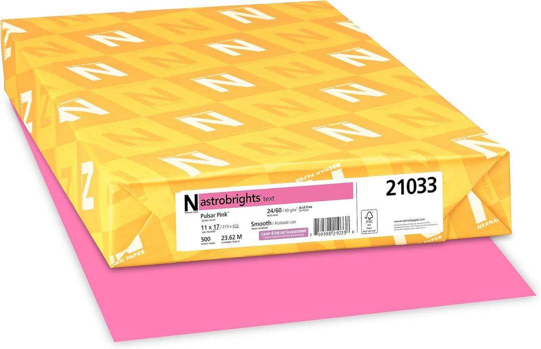 Neenah Astrobrights Color Paper, 11 x 17, 24 lb/89 GSM, Pulsar Pink, 500 Sheets (21033)