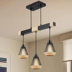 Senyshilon Black Island Lights for Kitchen, DIY Rattan Farmhouse Dining Room Light Fixtures/Chandelier Over Table, 3-Lighting Rustic Cage Chandeliers for Dining Room, Kitchen Island, Bar