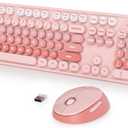 Fogruaden Pink Retro Typewriter Keyboard and Mouse Wireless, 2.4GHz Office Full-Sized Colorful Computer Keyboard with Number Pad and Cute Mouse for Windows PC Desktops Laptop