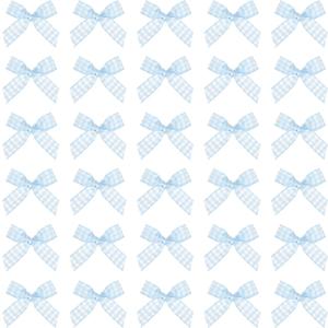 MECCANIXITY 50 Pcs Mini Gingham Ribbon Bows 1.8 Inch Checkered Plaid Bow Fabric Satin for Craft DIY Cake Sewing Wedding Birthday Party Wrapping Christmas Decoration, Light Blue White