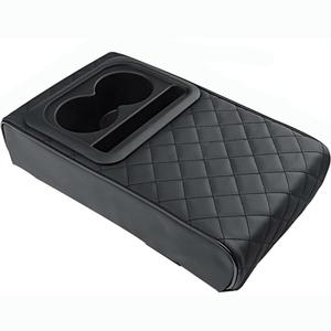 UNIVERSAL CAR CENTER CONSOLE ARMREST BOX CUSHION CUP HOLDERS FAUX LEATHER BLACK