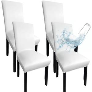 Leather Chair Covers for Dining Chairs Set of 4, Super Stretch Waterproof Kitchen Chair Covers Thickened Washable Dining Chair Slipcovers Pure White Chair Seat Cover for Dining/Kitchen/Banquet