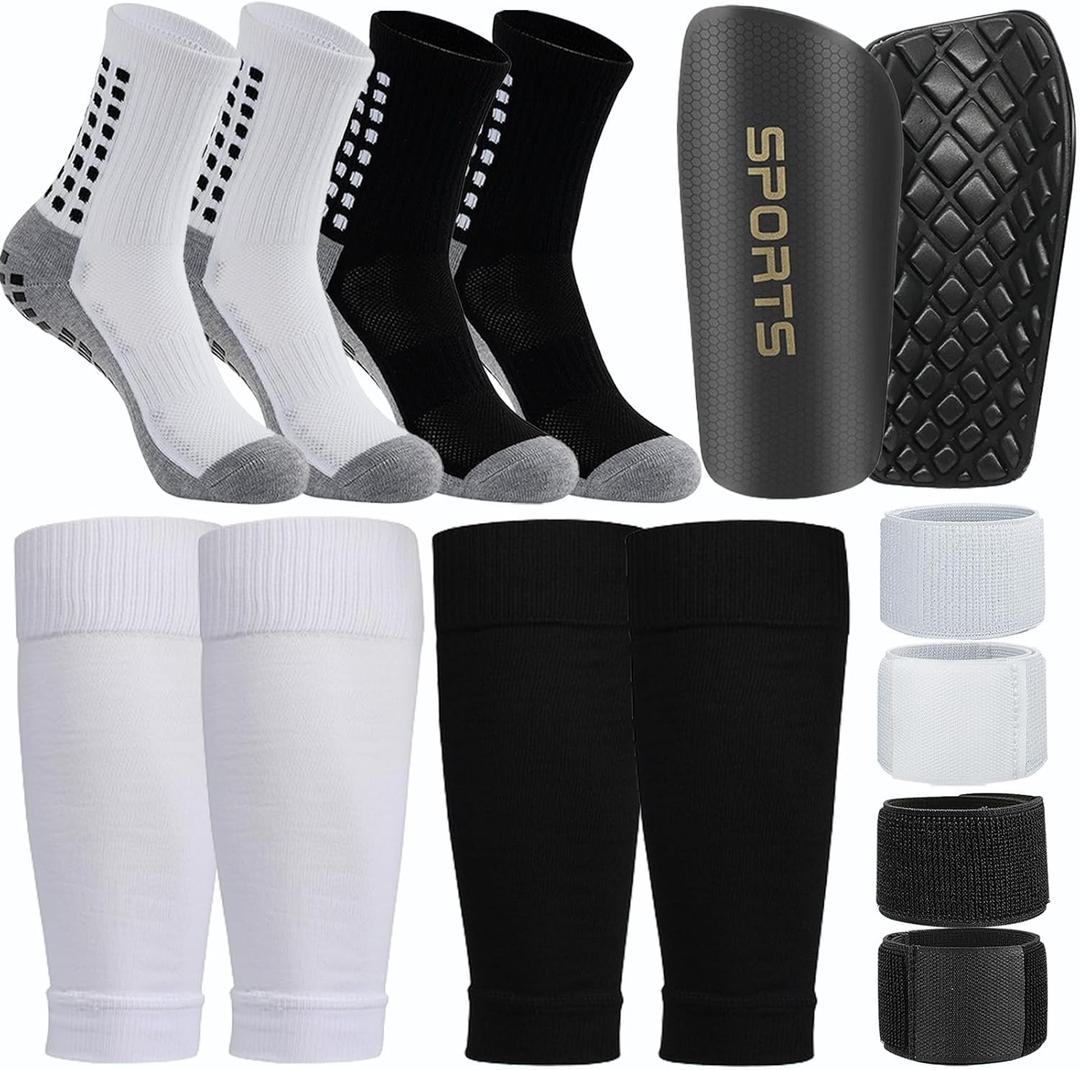 2 Pair Kids Grip Soccer Socks and 2 Pair Shin Guard Sleeves,1 Pack Shin Guards and 4 Shin Straps for Soccer Football Sports (Medium, White/Black)