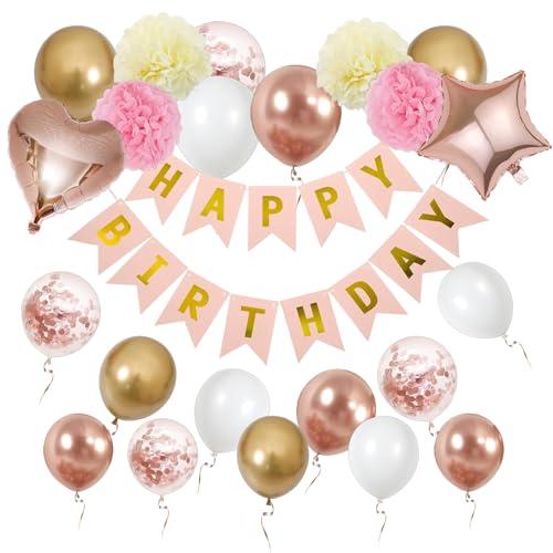Rose Gold Balloons Birthday Party , Happy Birthday Banner, Rose Gold Heart Star Foil Confetti Balloons and pink paper pompoms for Women Girls Party Decor