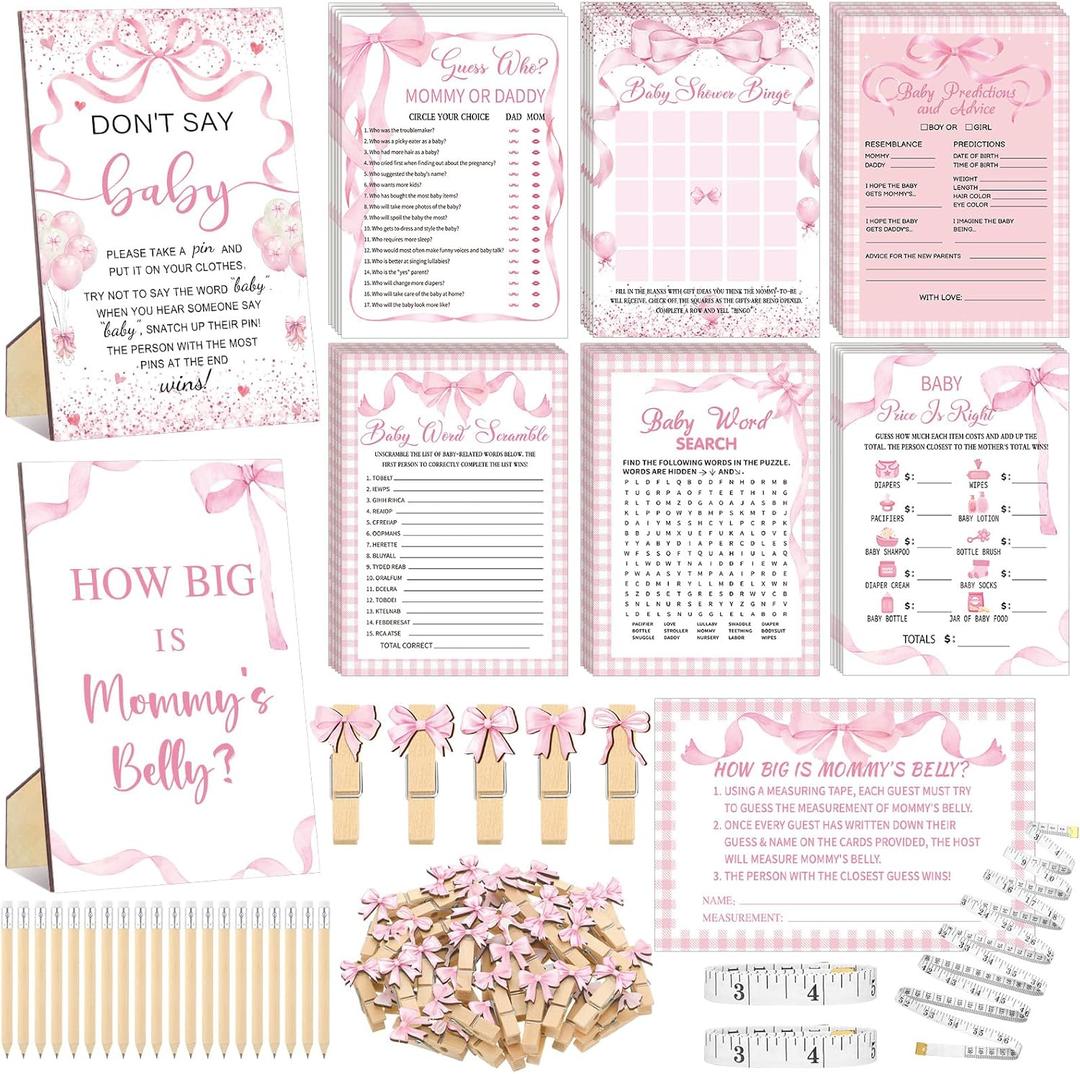 Funnymoom 426 Pcs Pink Bow Baby Shower Games Set-8 Games, Includes Baby Shower Bingo, Price is Right, Guess Who, Word Scramble, Prediction and Advice, How Big is Mommy's Belly, Don't Say The Words