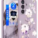 Yucenx for Samsung Galaxy S25 FE 5G Case with 2X Screen Protector, Girls Women Florals Liquid Silicone Phone Case, Shockproof Anti-Scratch Soft Protection Case for Galaxy S25 FE 5G (Purple)