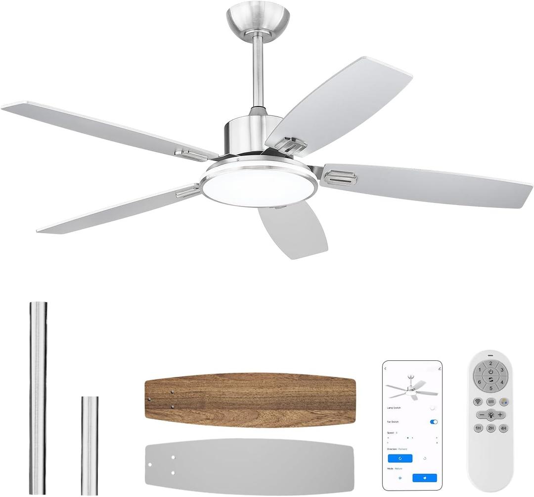 Ceiling Fans with Lights, 52 inch Smart Ceiling Fan with Remote/APP Control, Ultra Silent, 6 Speeds, Dimmable, Modern Flush Mount Low Profile Ceiling Fan for Bedroom Indoor/Outdoor (Nickle)