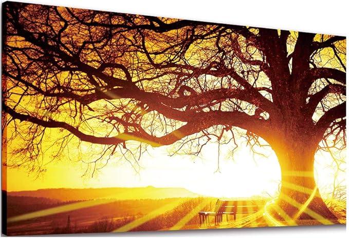 Canvas Wall Art Tree with Sunset Painting Print - Long Canvas Artwork Nature Picture Framed for Living Room Wall Decor 20" x 40"