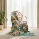 Boho Throw Blanket - 100% Cotton Throw Blankets for Bed Couch, 60"x80" Soft Muslin Lightweight Spring Throw Blanket, Cozy Floral Plant Printed Bohemain Bedding Decor Green Throw Quilt