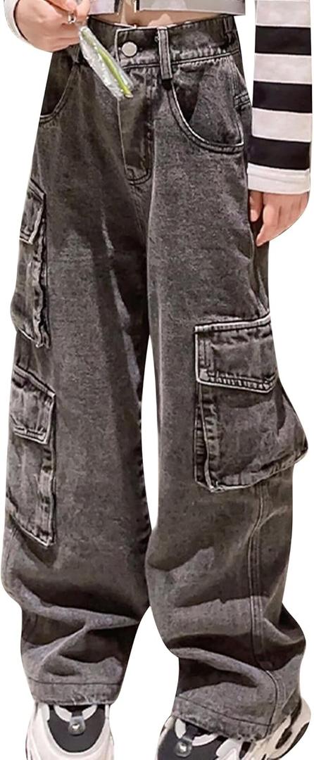 Happy Cherry Baggy Jeans for Girls Ripped Wide Leg Denim Cargo Pants Y2k Kids Cute Aesthetic Clothes Size 5-15 Years (9-10 Years, Zipper - 02 Blackgrey)