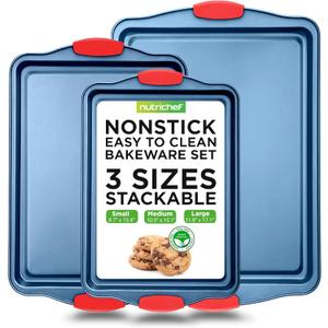 NutriChef 3-Piece Nonstick Cookie Sheets for Baking - Premium Carbon Steel Baking Trays w/ Non-Stick Smooth Coating & Silicone Handles - Large, Medium, & Small Bakeware - Blue