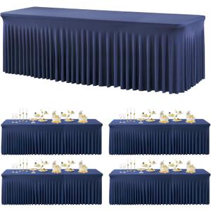 4 Pack Spandex Navy Blue Tablecloths for 8 Foot Rectangle Tables, Fitted Table Cloth 8ft Stretchy Tablecover Skirt for Parties Weddings Birthday Banquet Baby Shower