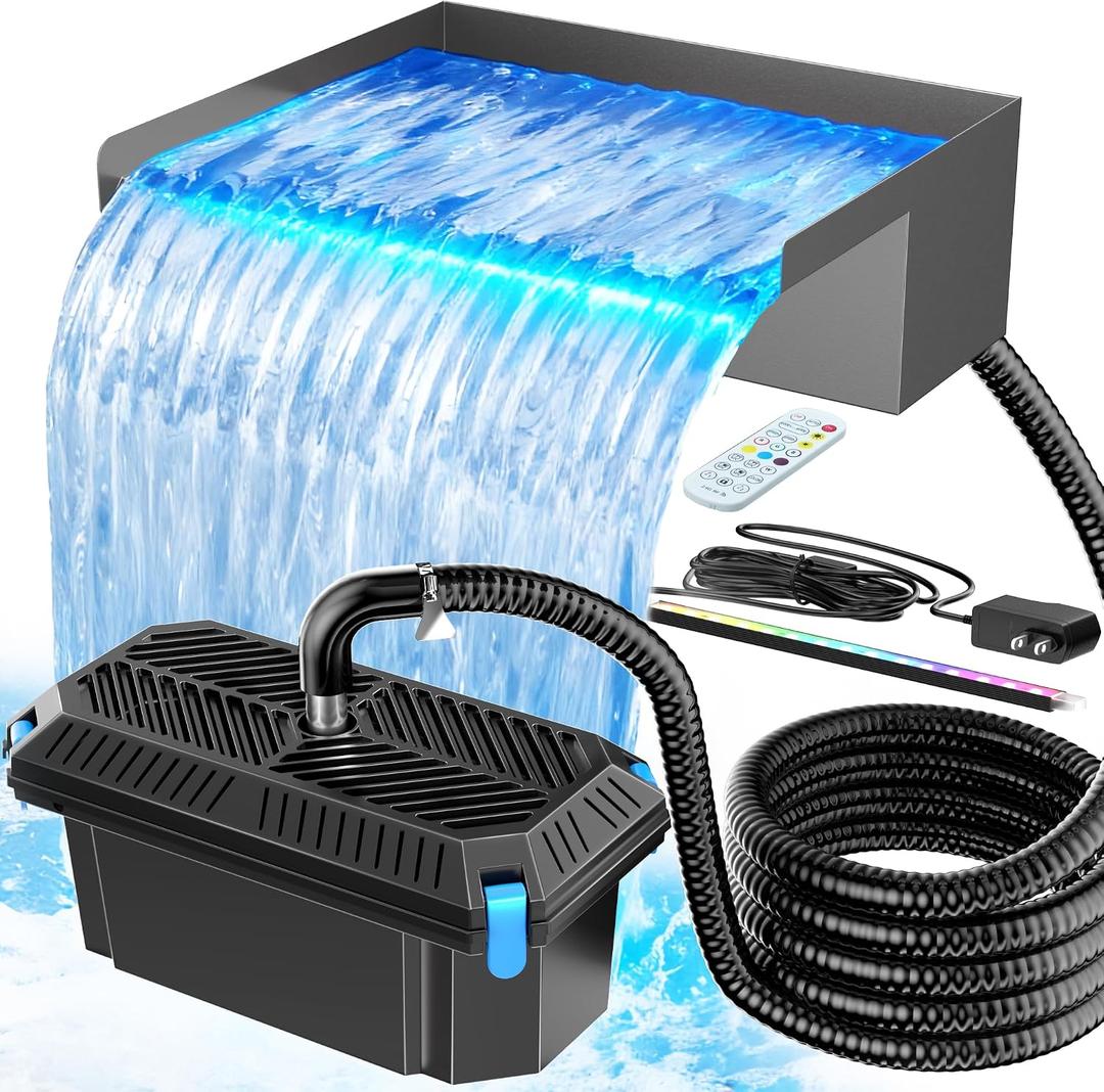 POPOSOAP 12INCH Pond Waterfall Spillway with Multi-Stage Pond Filter & RGB LED Lights APP/Remote Control, 40W 660GPH Pump with 9.8FT Tubing for Garden Ponds, Aquariums, Outdoor Landscapes-P7331D