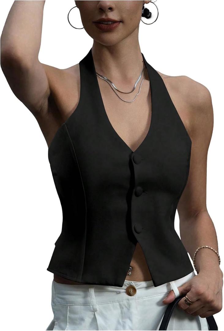 SOLY HUX Women's Button Down Suit Vest Halter V Neck Backless Waistcoat Sleeveless Tank Tops (Large)