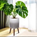 12 Inches Indoor Plant Pot with Walnut Color Stand Honeycomb Embossed Flower Pot with Drainage Holes Large Modern Planters for Indoor Plants-Gradient White Gray