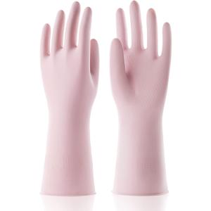 COOLJOB Medium Household Rubber Gloves with Cotton Liner & Non-slip Grip, Waterproof Long Lasting Dishwashing Gloves for Kitchen & Bathroom Cleaning, Light Pink, 1 Pair