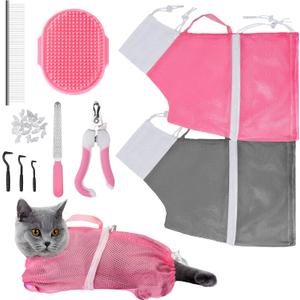 JULMELON Cat Washing Bag 10 PCS Set, Adjustable Cat Shower Net Bag and Pet Grooming Brush with Nail Clipper Nail File Hair Combs Tick Tool Nail Caps for Bathing Nail Trimming Examination(Pink/Grey)