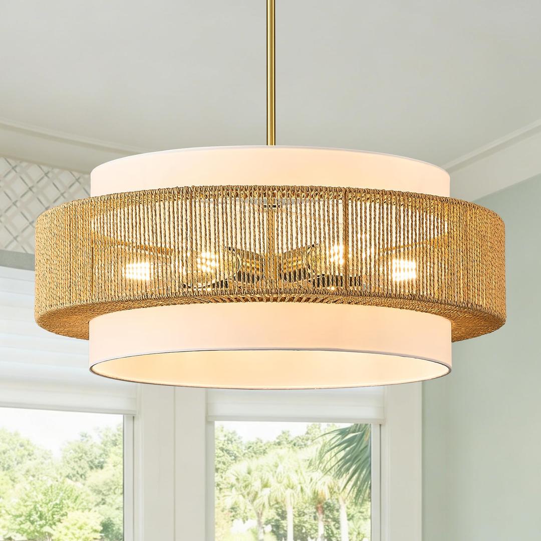 24 Inch Rattan Chandelier for Dining Room 6-Light Large Boho Pendant Light