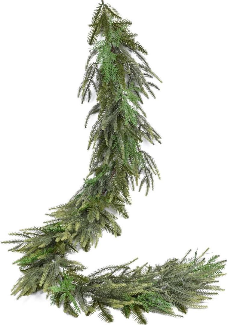 6ft Norfolk Pine Garland Christmas Decoration, Artificail Greengery Garlands Christmas Spruce Garland Pine Leaves and Cedar Leaves for Holiday Winter Fireplace Mantel Table Decor (Light Green)