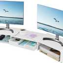 Dual Monitor Stand Riser with Drawer, Desk Organizer and Accessories, Metal Laptop Stand for Desk, Workspace Desktop Stand for Computer, Laptop, TV and More (White)