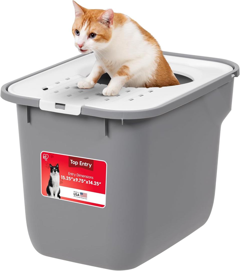 IRIS USA Large Top Entry Cat Litter Box, Hooded Privacy, Gray/White
