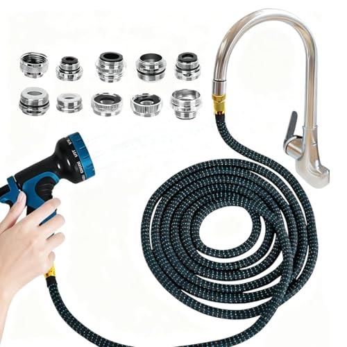 Ecoaterui Indoor Sink Hose Attachment for Faucet - (75FT) Faucet Hose with 10 Adapters for Kitchen Sink Bathroom Sink Faucet, Watering Houseplants, Washing Pets, Household Cleaning, Car Washing