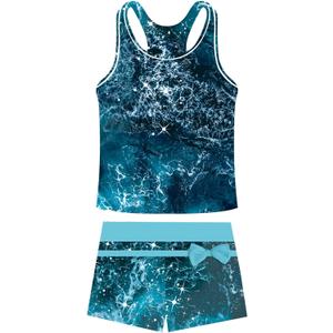 Belovecol Girls Swimsuits Two Piece Tankini Bathing Suits Boyshort Summer Beach Rash Guard Swimwear for 4-16T (8-9 Years, Ocean Wave)