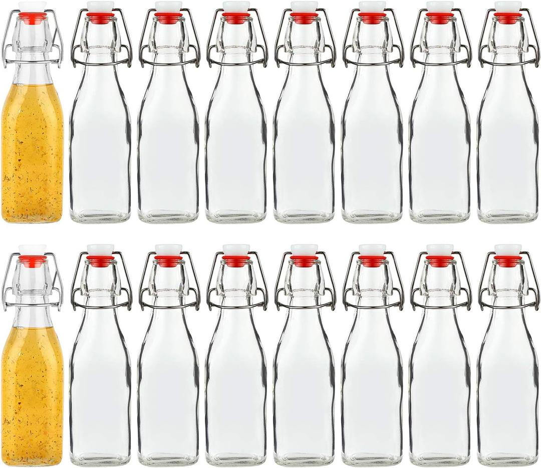 Encheng 8oz Glass Bottles With With Air Tight Lids,Beer Bottles For Home Brewing 250ml,Kombucha Bottles For Beverages,Kefir,Food Storage,Leak Proof,Dishware Safe 16 Pack (Clear)