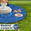 60 Inch Blue Round Table Protector for Kitchen,Modern Grid Fitted Table Cloth Round Cover with Elastic Edge，Waterproof Picnic Circle Tablecloth for Dinner, Outdoor, Party, Camping, BBQ