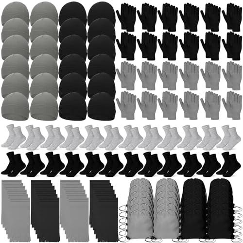 Liitrsh 120 Pcs Homeless Care Package Supplies Bulk Winter Beanie Hat Gloves Socks Scarves Polyester Drawstring Bags for Men(Black, Gray)