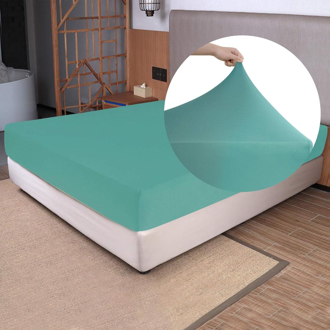 Soft Stretch Full Size Fitted Sheet Only - 4-Way Stretchy Jersey Knit, T-Shirt Feeling & Ultra Soft, Wrinkle Free, Non-Slip & Snug Fit for Mattress (Deep: 5"-16") - Aqua, Full (Full/Full XL/RV Full)