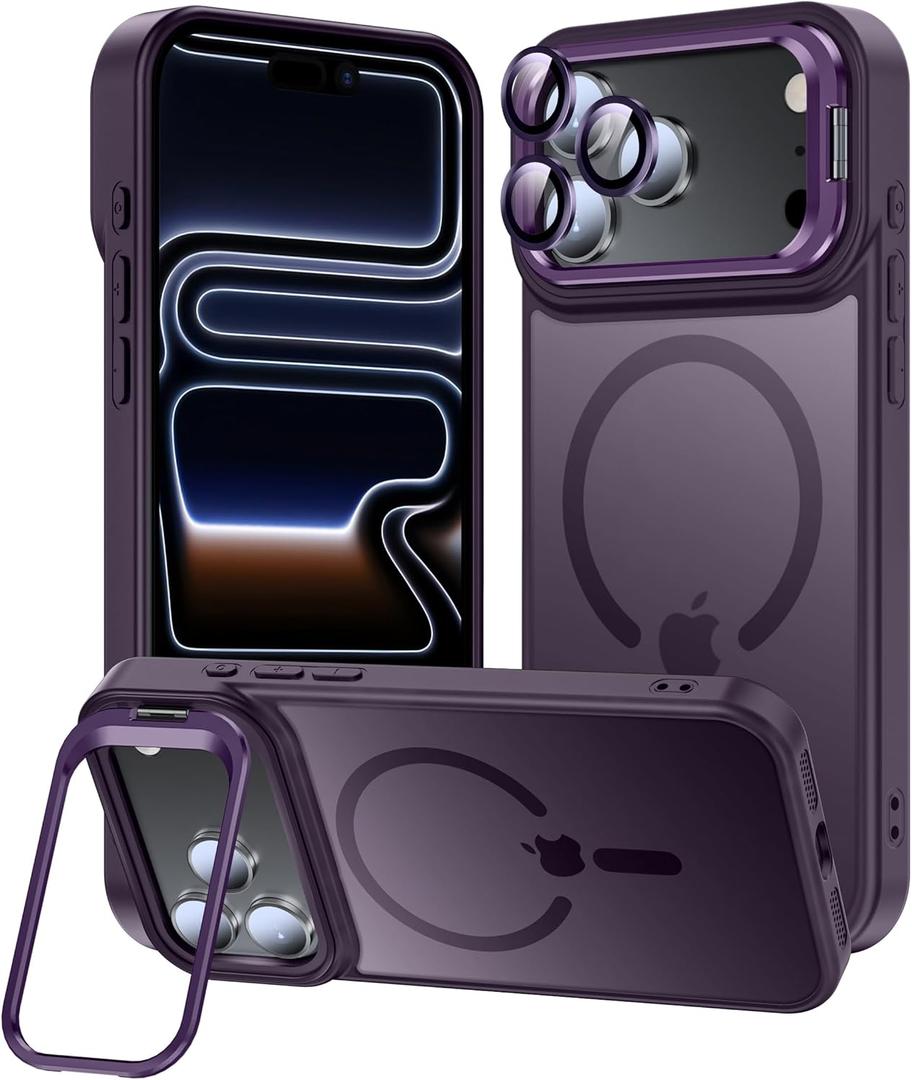 for iPhone 17 Pro Max Case, Fits MagSafe, with Built-in Camera Ring Stand & Lens Protector, Slim Translucent Matte Military-Grade Drop Protection Magnetic Cover, Purple