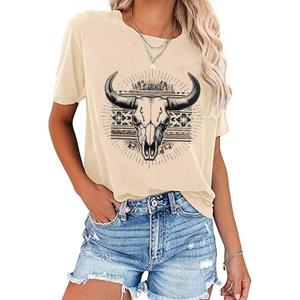 Retro Steer Skull Western T-Shirt Women Vintage Country Music Shirt Cute Cowgirl Graphic Cowboy Tees Tops (Beige, XL)
