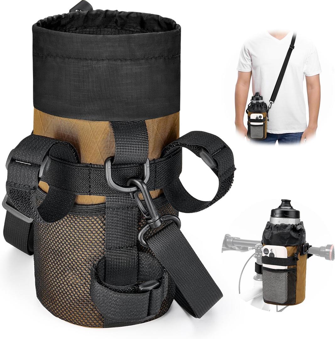WOTOW Bike Water Bottle Holder - Universal Bike Cup Holder with Adjustable Shoulder Straps and Mesh Pockets, Insulated Drink Holders for Cruiser, Scooter, Mountain Bike & Wheelchair, Tan (Khaki)