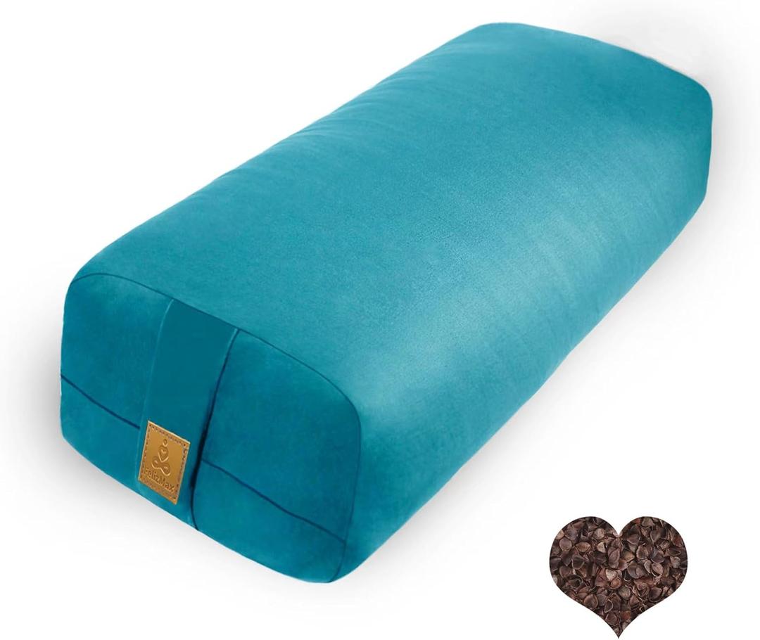 Organic Buckwheat Bolster (24X10.5X5.5 in) Supportive Rectangular Meditation Pillow 100% Cotton Cover Yoga Pillow (Cyan Blue)