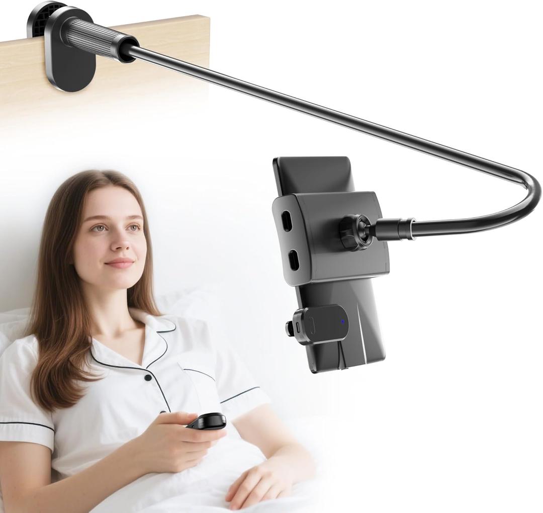 Gooseneck Tablet Holder for Kindle Reading in Bed with Page Turner Remote, Hands Free Desk Bedside Lazy Arm Stand for Kindle Accessories, Gifts for Readers (Glossy Black)