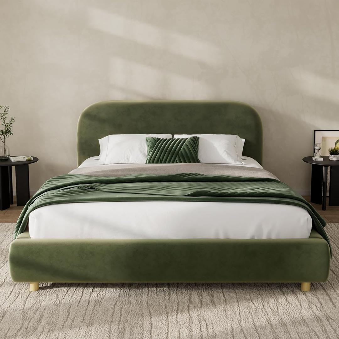 Modern Velvet Fabric Upholstered Platform Bed Frame with Curved Headboard Modern Stylish Design, No Box Spring Needed Comfortable Durable Bedroom Furniture Easy Assembly (Queen+Olive Green)