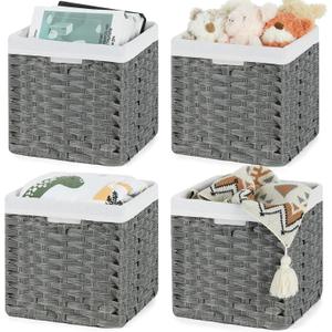 Bidtakay Wicker Storage Baskets for Organizing 4-Pack Hand-Woven Imitation Dark Grey Wicker Cube Storage Bins with Liners for Shelves Closet Cabinet 11x11 Waterproof Cube Organizer for Pantry
