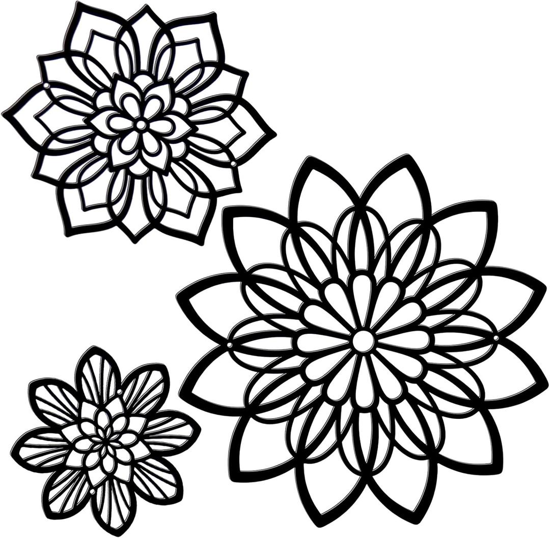 Zzbakress 3 Pieces Metal Flowers Wall Decor, Black Wall Decors, Flower Art Wall Decor Farmhouse Wall Decoration Multiple Flowers Hanging Decor for Bathroom Living Room Garden Office (Black Elegant)