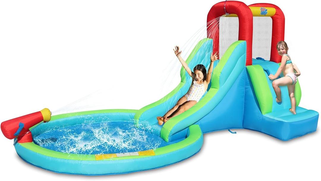 Action Air Inflatable Waterslide, Bounce House with Slide for Wet and Dry, Kids Backyard Waterpark for Summer Fun, Water Gun & Splash Pool for Age 3-8, Love for Kids, 157x87x73 Inch