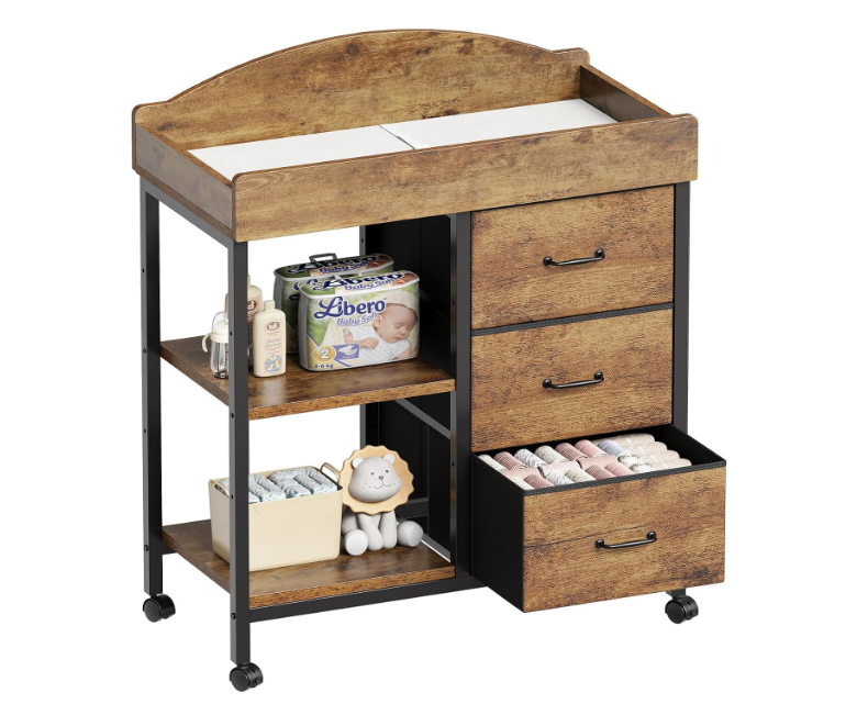 YeTom Changing Table Dresser, Baby Dresser with 3 Fabric Drawers and 2 Shelves, Multi-Functional Baby Changing Table with Pad, Classic Nursery Dresser, Diaper Changing Station, Rustic Brown