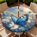 Round Outdoor Tablecloth with Umbrella Hole, Zippered Fitted Tablecloth with Elastic Edge, Waterproof Table Cloth Cover for Picnic Party Fits 37"-44" Round Table, Blue Butterfly