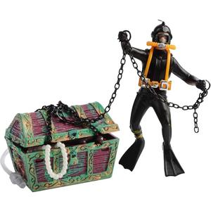 Live-Action Aquarium Ornament Undersea Treasure Chest Diver, Air Bubbler Aerating Fish Tank Decorations Black Color