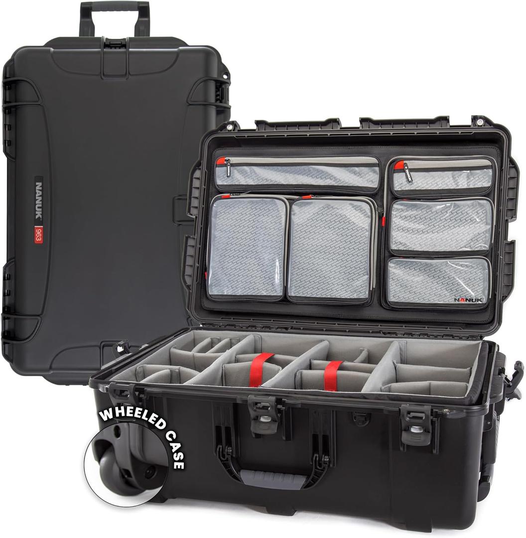 NANUK 963 Pro Photo Kit  Waterproof Travel Camera Hard Case with Padded Dividers and Wheels, 32.5" x 21" x 12.3, Dustproof and Impact-Resistant, Ideal for Heavy Loads  Black